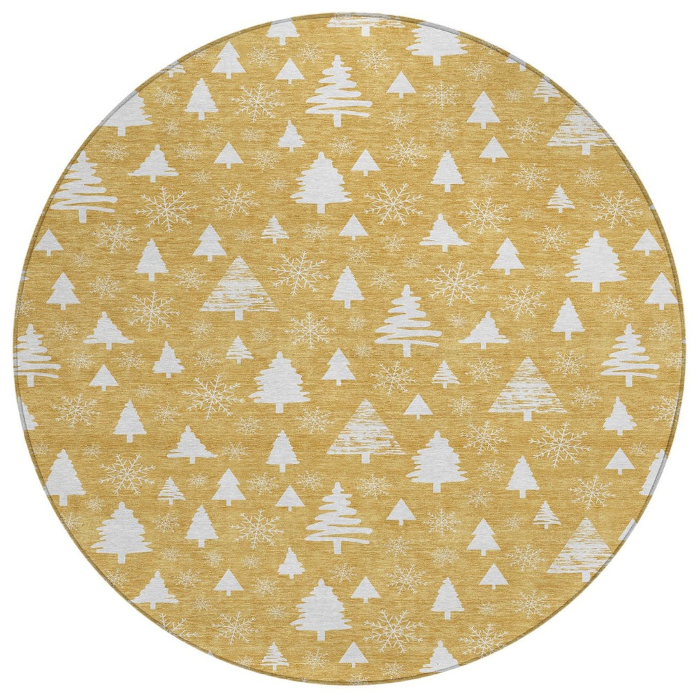 HomeRoots 8' Gold and Ivory Round Area Rug – Elegant Snowflake Design, Washable, Durable for Indoor/Outdoor Use 621384