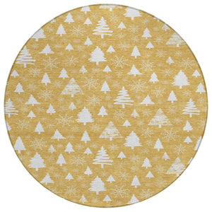 HomeRoots 8' Gold and Ivory Round Area Rug – Elegant Snowflake Design, Washable, Durable for Indoor/Outdoor Use 621384