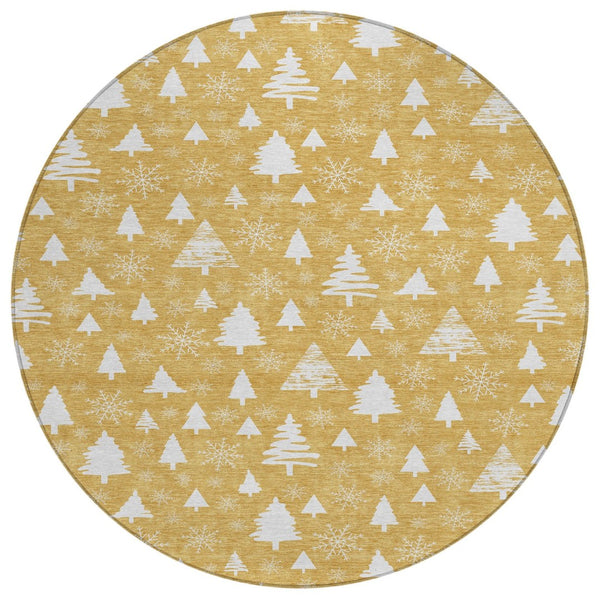 HomeRoots 8' Gold and Ivory Round Area Rug – Elegant Snowflake Design, Washable, Durable for Indoor/Outdoor Use 621384