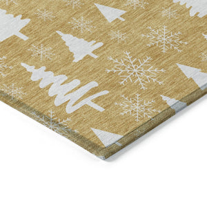 HomeRoots 8' Gold and Ivory Round Area Rug – Elegant Snowflake Design, Washable, Durable for Indoor/Outdoor Use 621384