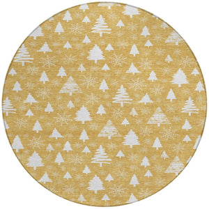 HomeRoots 8' Gold and Ivory Round Area Rug – Elegant Snowflake Design, Washable, Durable for Indoor/Outdoor Use 621384