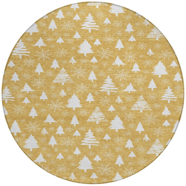 HomeRoots 8' Gold and Ivory Round Area Rug – Elegant Snowflake Design, Washable, Durable for Indoor/Outdoor Use 621384