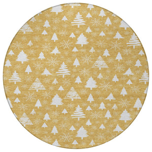 HomeRoots 8' Gold and Ivory Round Area Rug – Elegant Snowflake Design, Washable, Durable for Indoor/Outdoor Use 621384