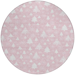 HomeRoots 8' Pink And Ivory Round Snowflake Area Rug - Durable, Washable, Stylish for Indoor & Outdoor Spaces 621402