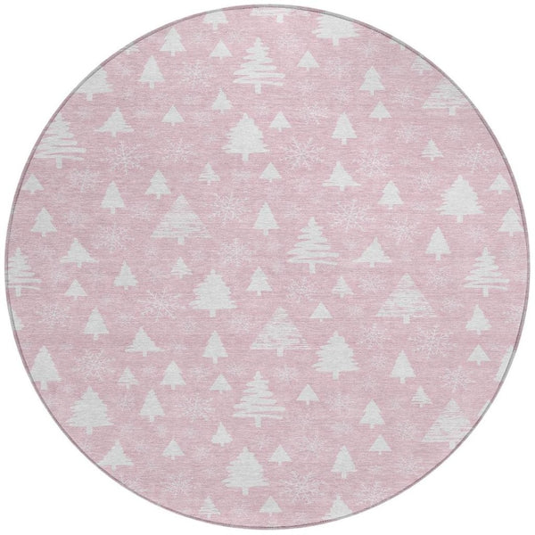 HomeRoots 8' Pink And Ivory Round Snowflake Area Rug - Durable, Washable, Stylish for Indoor & Outdoor Spaces 621402