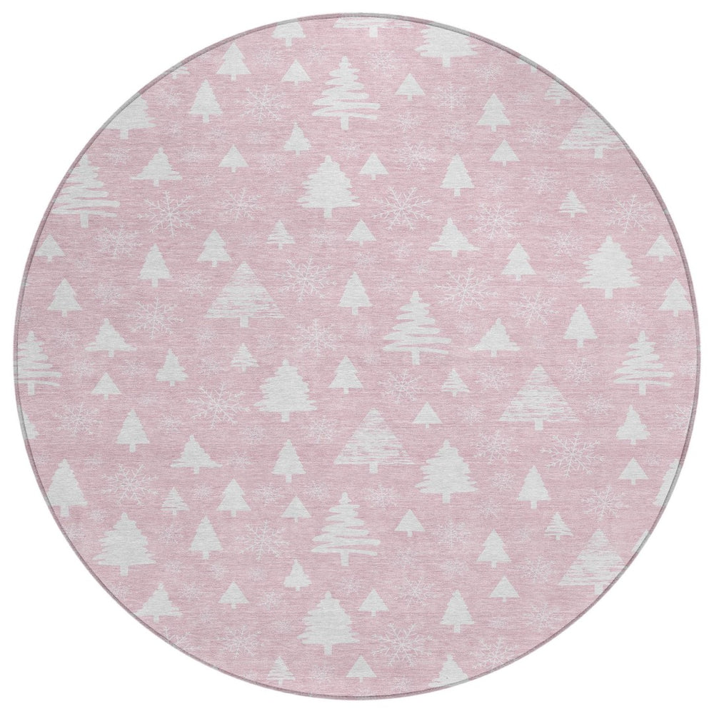 HomeRoots 8' Pink And Ivory Round Snowflake Area Rug - Durable, Washable, Stylish for Indoor & Outdoor Spaces 621402