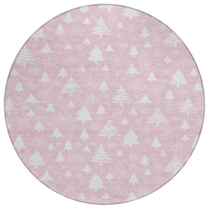 HomeRoots 8' Pink And Ivory Round Snowflake Area Rug - Durable, Washable, Stylish for Indoor & Outdoor Spaces 621402
