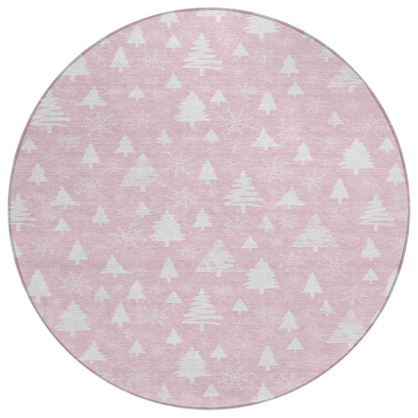 HomeRoots 8' Pink And Ivory Round Snowflake Area Rug - Durable, Washable, Stylish for Indoor & Outdoor Spaces 621402