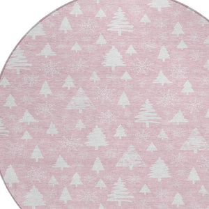 HomeRoots 8' Pink And Ivory Round Snowflake Area Rug - Durable, Washable, Stylish for Indoor & Outdoor Spaces 621402
