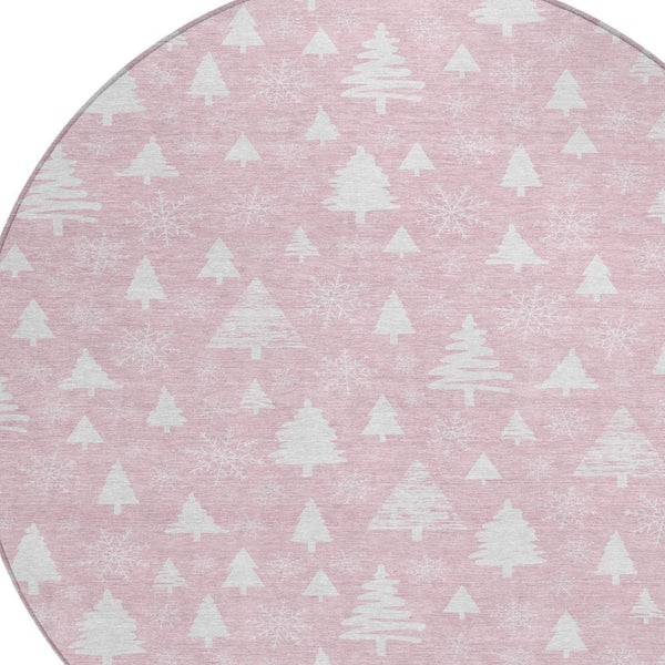 HomeRoots 8' Pink And Ivory Round Snowflake Area Rug - Durable, Washable, Stylish for Indoor & Outdoor Spaces 621402