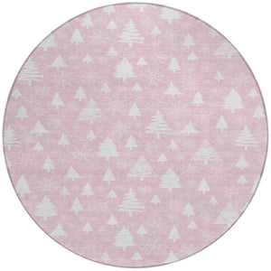HomeRoots 8' Pink And Ivory Round Snowflake Area Rug - Durable, Washable, Stylish for Indoor & Outdoor Spaces 621402