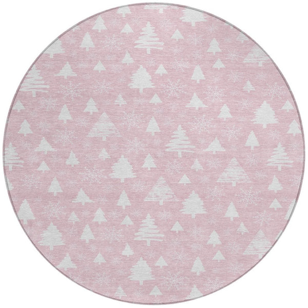HomeRoots 8' Pink And Ivory Round Snowflake Area Rug - Durable, Washable, Stylish for Indoor & Outdoor Spaces 621402