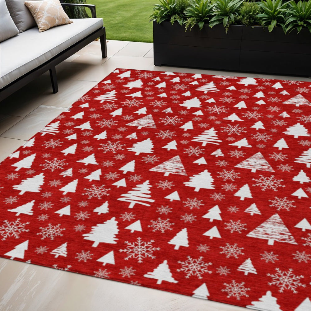 HomeRoots 5' X 8' Red and Ivory Deer Area Rug - Stylish, Washable Indoor/Outdoor Rug for High-Traffic Spaces 621407