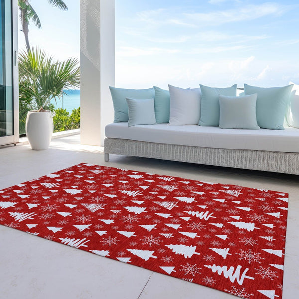 HomeRoots 5' X 8' Red and Ivory Deer Area Rug - Stylish, Washable Indoor/Outdoor Rug for High-Traffic Spaces 621407