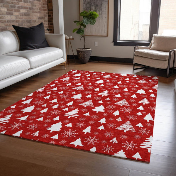 HomeRoots 5' X 8' Red and Ivory Deer Area Rug - Stylish, Washable Indoor/Outdoor Rug for High-Traffic Spaces 621407