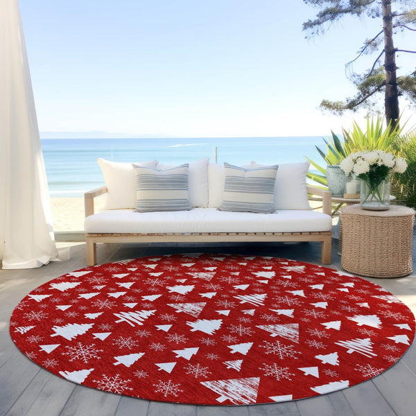 HomeRoots 8' Red And Ivory Round Deer Area Rug – Durable, Washable, Perfect for Indoor & Outdoor Spaces! 621408