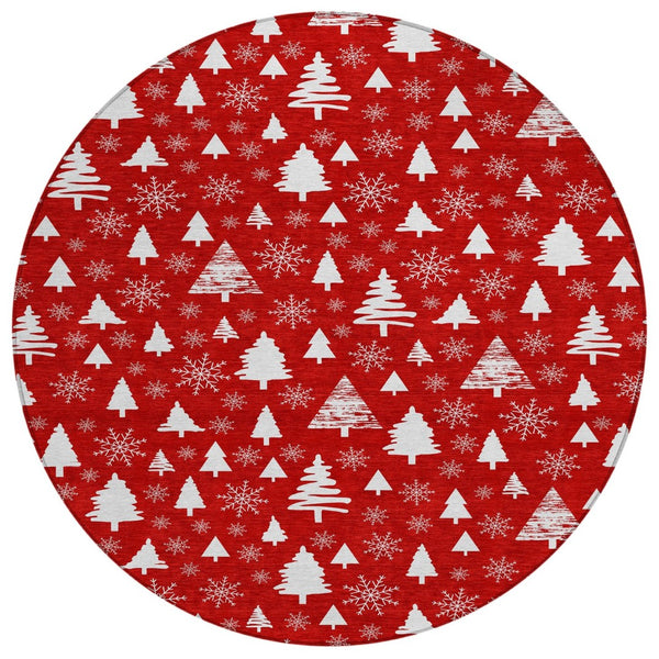 HomeRoots 8' Red And Ivory Round Deer Area Rug – Durable, Washable, Perfect for Indoor & Outdoor Spaces! 621408