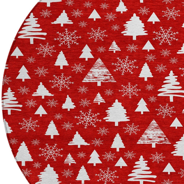 HomeRoots 8' Red And Ivory Round Deer Area Rug – Durable, Washable, Perfect for Indoor & Outdoor Spaces! 621408