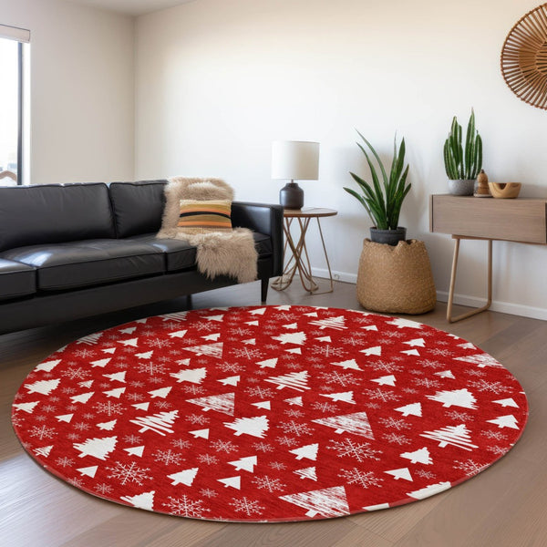 HomeRoots 8' Red And Ivory Round Deer Area Rug – Durable, Washable, Perfect for Indoor & Outdoor Spaces! 621408