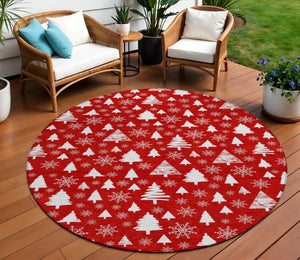HomeRoots 8' Red And Ivory Round Deer Area Rug – Durable, Washable, Perfect for Indoor & Outdoor Spaces! 621408