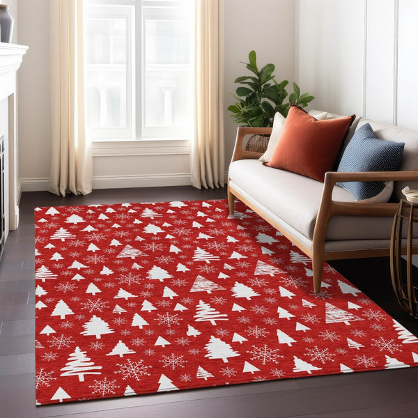 HomeRoots 10' Red and Ivory Deer Area Rug – Washable, Stain-Resistant for Indoor & Outdoor Use, Versatile Decor 621411