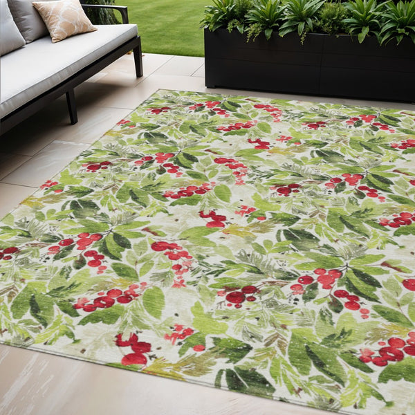 HomeRoots 5' Indoor Outdoor Area Rug – Artichoke Green, Burgundy & Ivory Botanical Leaves, Washable Charm 621413