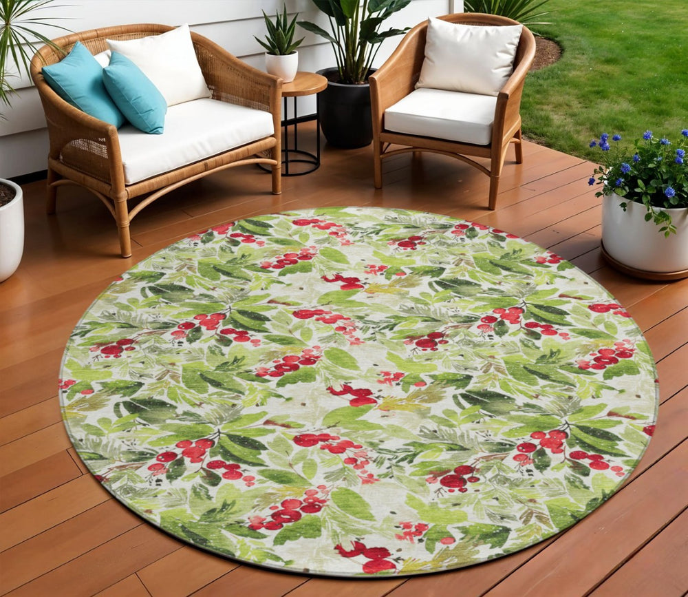 HomeRoots 8' Artichoke Green Round Washable Area Rug with Burgundy & Ivory Botanical Leaves for Indoor/Outdoor Use 621414