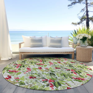 HomeRoots 8' Artichoke Green Round Washable Area Rug with Burgundy & Ivory Botanical Leaves for Indoor/Outdoor Use 621414