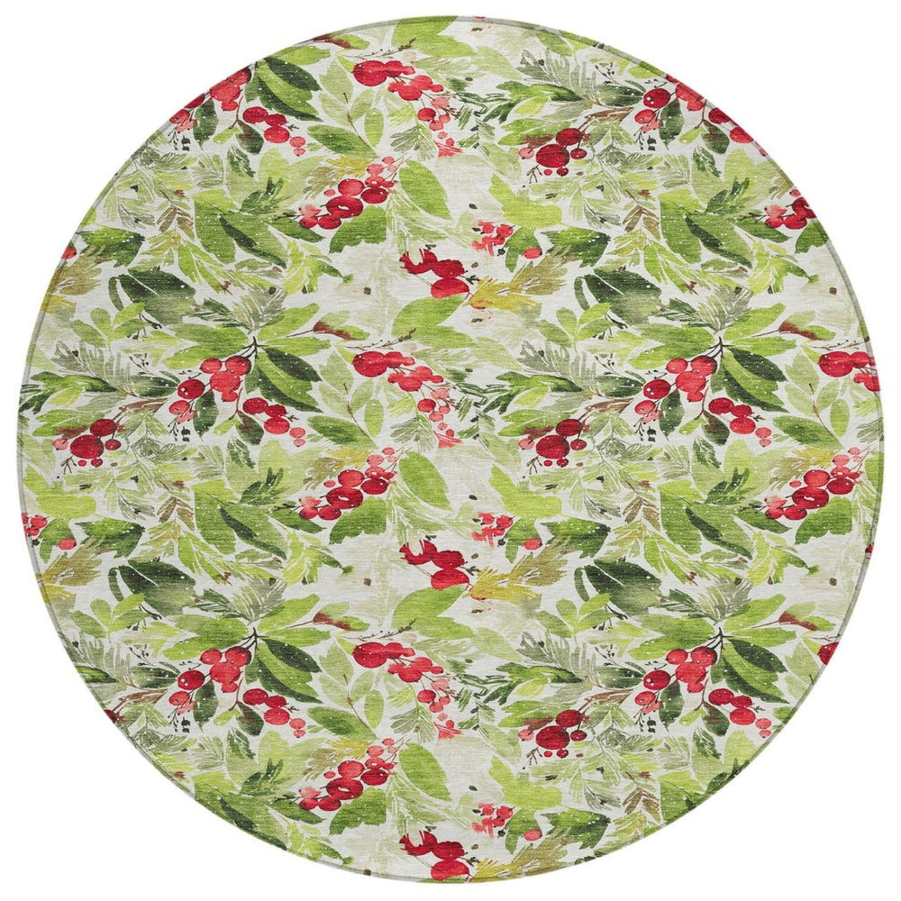 HomeRoots 8' Artichoke Green Round Washable Area Rug with Burgundy & Ivory Botanical Leaves for Indoor/Outdoor Use 621414