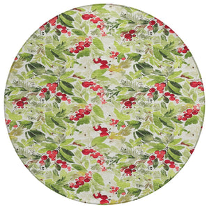 HomeRoots 8' Artichoke Green Round Washable Area Rug with Burgundy & Ivory Botanical Leaves for Indoor/Outdoor Use 621414