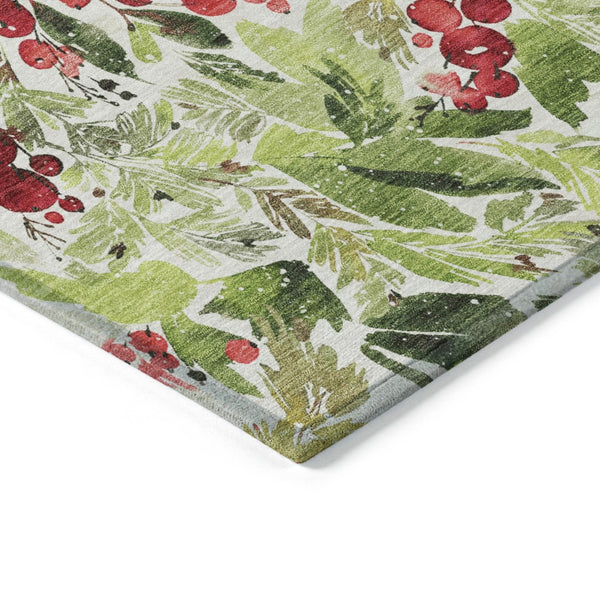 HomeRoots 8' Artichoke Green Round Washable Area Rug with Burgundy & Ivory Botanical Leaves for Indoor/Outdoor Use 621414