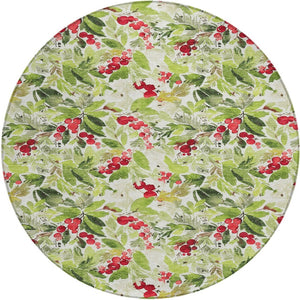 HomeRoots 8' Artichoke Green Round Washable Area Rug with Burgundy & Ivory Botanical Leaves for Indoor/Outdoor Use 621414