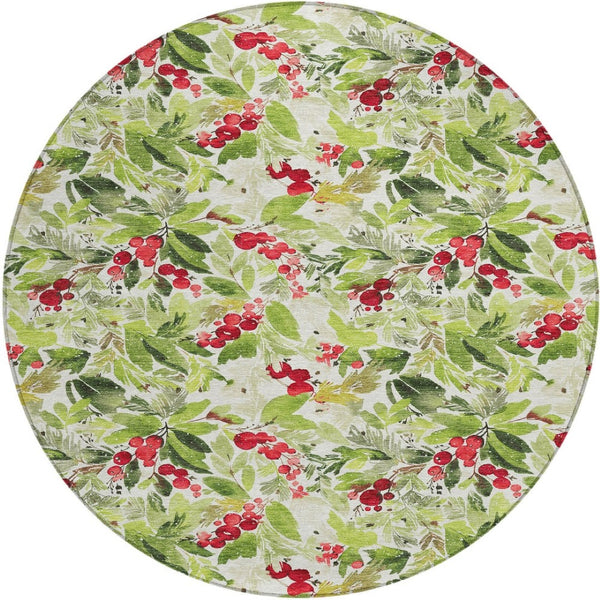 HomeRoots 8' Artichoke Green Round Washable Area Rug with Burgundy & Ivory Botanical Leaves for Indoor/Outdoor Use 621414