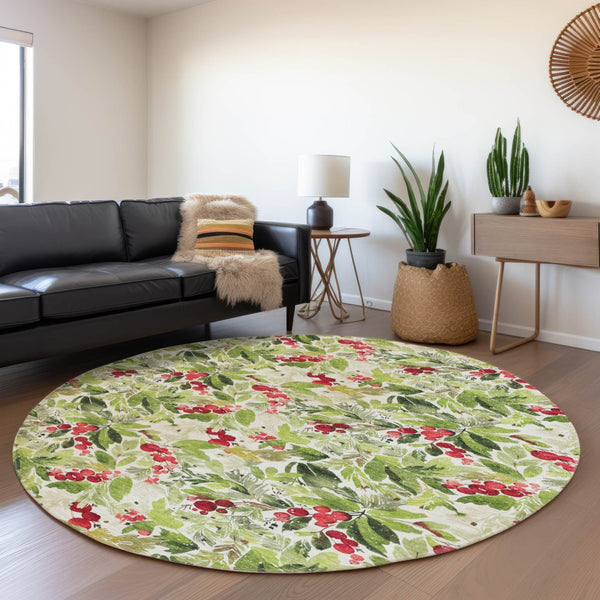HomeRoots 8' Artichoke Green Round Washable Area Rug with Burgundy & Ivory Botanical Leaves for Indoor/Outdoor Use 621414
