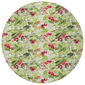 HomeRoots 8' Artichoke Green Round Washable Area Rug with Burgundy & Ivory Botanical Leaves for Indoor/Outdoor Use 621414