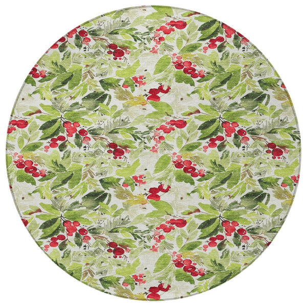 HomeRoots 8' Artichoke Green Round Washable Area Rug with Burgundy & Ivory Botanical Leaves for Indoor/Outdoor Use 621414