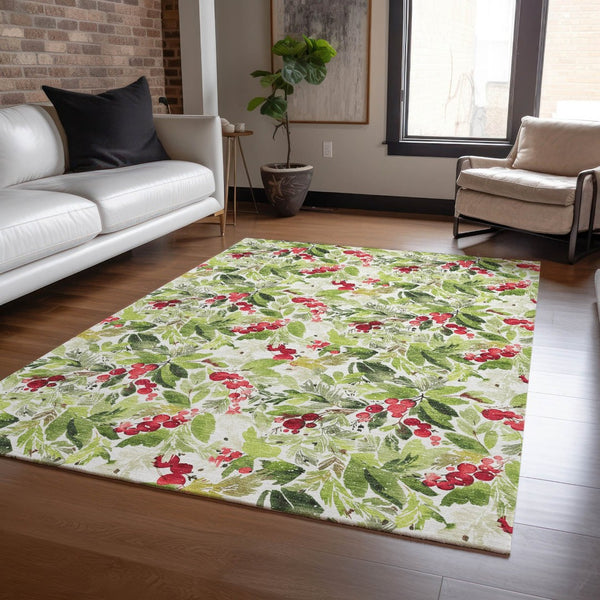 HomeRoots 8' X 10' Botanical Leaves Area Rug in Artichoke Green, Burgundy, and Ivory - Durable, Washable Design 621415