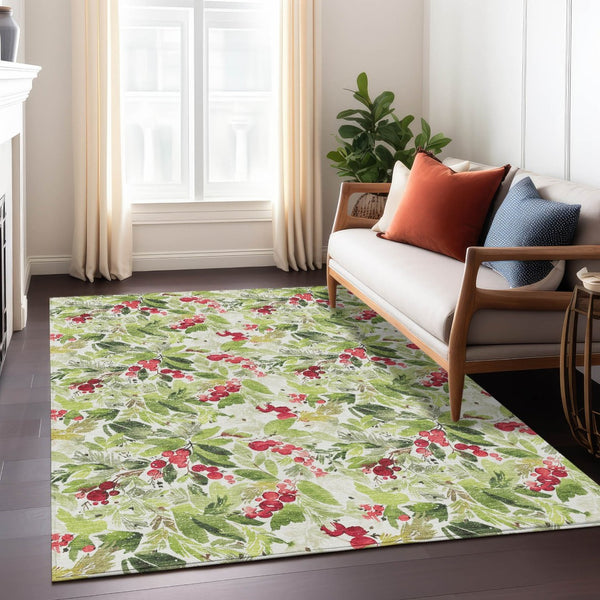 HomeRoots 8' X 10' Botanical Leaves Area Rug in Artichoke Green, Burgundy, and Ivory - Durable, Washable Design 621415