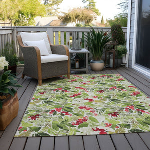 HomeRoots 8' X 10' Botanical Leaves Area Rug in Artichoke Green, Burgundy, and Ivory - Durable, Washable Design 621415
