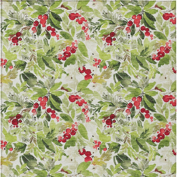 HomeRoots 9' Indoor Outdoor Area Rug - Artichoke Green, Burgundy & Ivory Botanical Leaves - Washable, Durable Design 621416