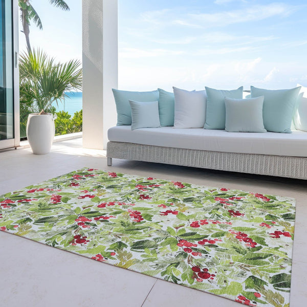 HomeRoots 9' Indoor Outdoor Area Rug - Artichoke Green, Burgundy & Ivory Botanical Leaves - Washable, Durable Design 621416