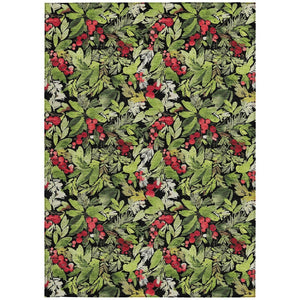 HomeRoots 5' Stylish Botanical Leaves Area Rug – Black, Green & Red, Washable, Durable for Indoor/Outdoor Use 621419