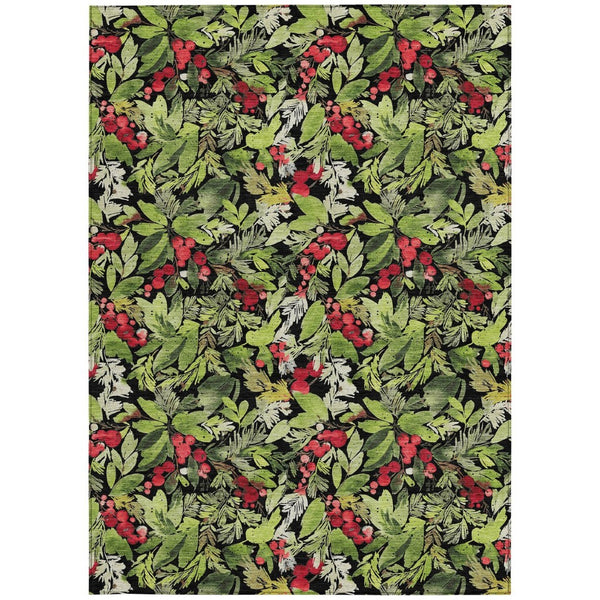 HomeRoots 5' Stylish Botanical Leaves Area Rug – Black, Green & Red, Washable, Durable for Indoor/Outdoor Use 621419