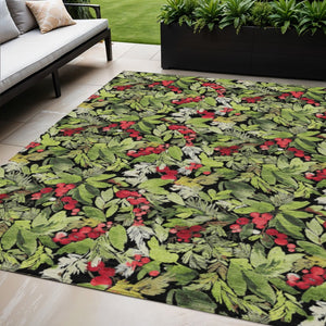 HomeRoots 5' Stylish Botanical Leaves Area Rug – Black, Green & Red, Washable, Durable for Indoor/Outdoor Use 621419