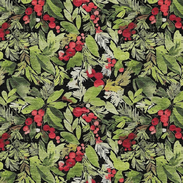 HomeRoots 5' Stylish Botanical Leaves Area Rug – Black, Green & Red, Washable, Durable for Indoor/Outdoor Use 621419