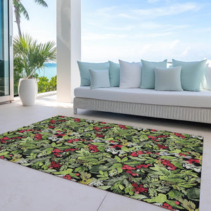 HomeRoots 5' Stylish Botanical Leaves Area Rug – Black, Green & Red, Washable, Durable for Indoor/Outdoor Use 621419