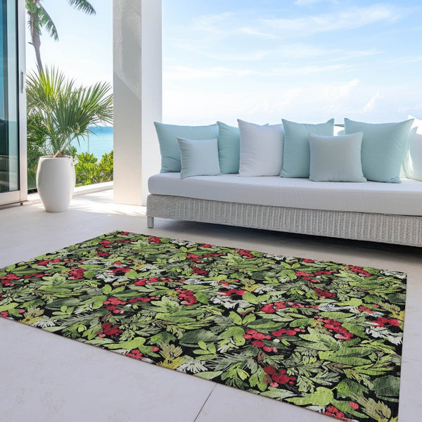 HomeRoots 5' Stylish Botanical Leaves Area Rug – Black, Green & Red, Washable, Durable for Indoor/Outdoor Use 621419