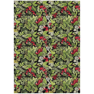 HomeRoots 5' Stylish Botanical Leaves Area Rug – Black, Green & Red, Washable, Durable for Indoor/Outdoor Use 621419