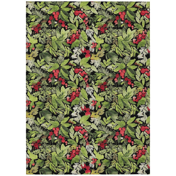 HomeRoots 5' Stylish Botanical Leaves Area Rug – Black, Green & Red, Washable, Durable for Indoor/Outdoor Use 621419