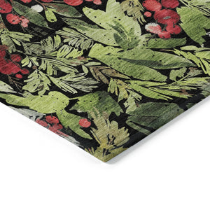 HomeRoots 5' Stylish Botanical Leaves Area Rug – Black, Green & Red, Washable, Durable for Indoor/Outdoor Use 621419